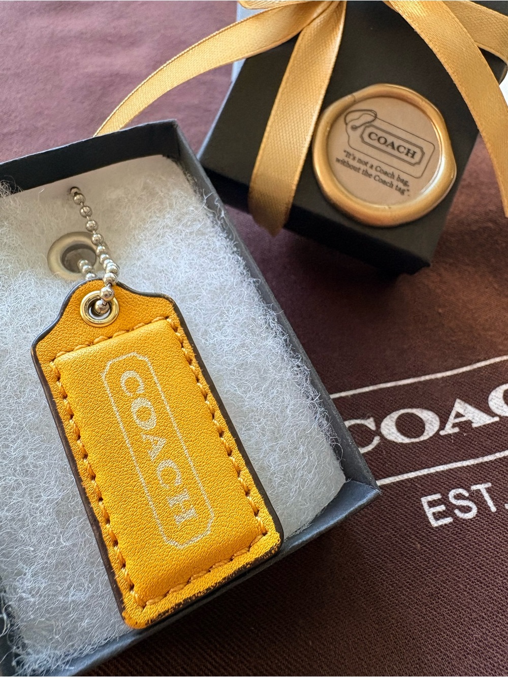 Vintage Coach 2” Yellow Leather Hang Tag Y2K Bag Charm Custom Wax Seal Gift Box